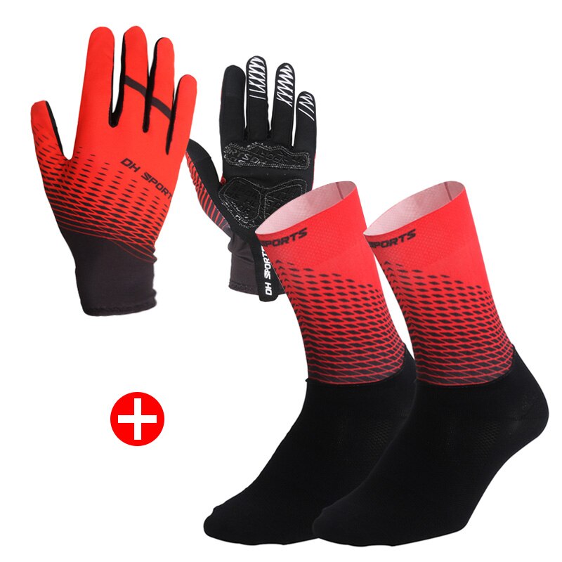 Sports Bicycle Set - 1Pair Half /Full Finger Cycling Gloves plus 1Pair Cycling Socks - Unisex - Red/Black-3 Sizes