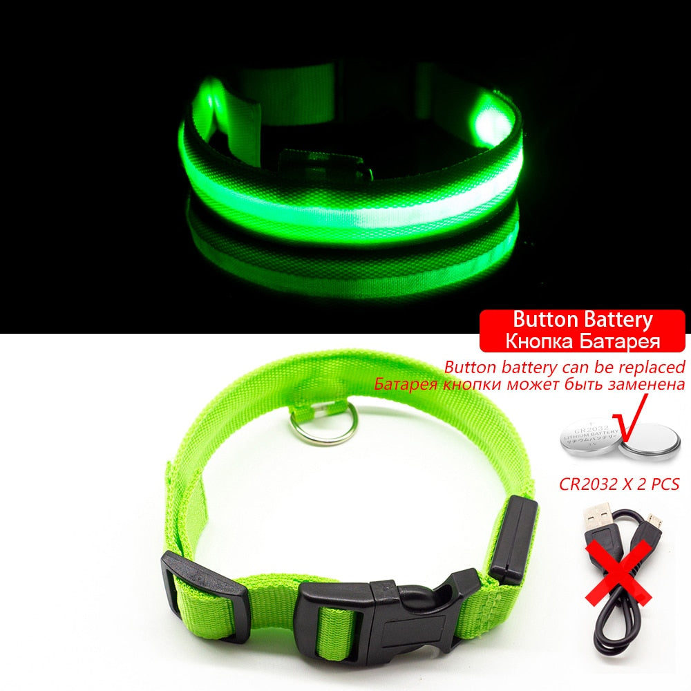 LED "Anti-Lost GLOW" Dog Collar For Dogs and Puppies + Battery Replacement (2) = Green