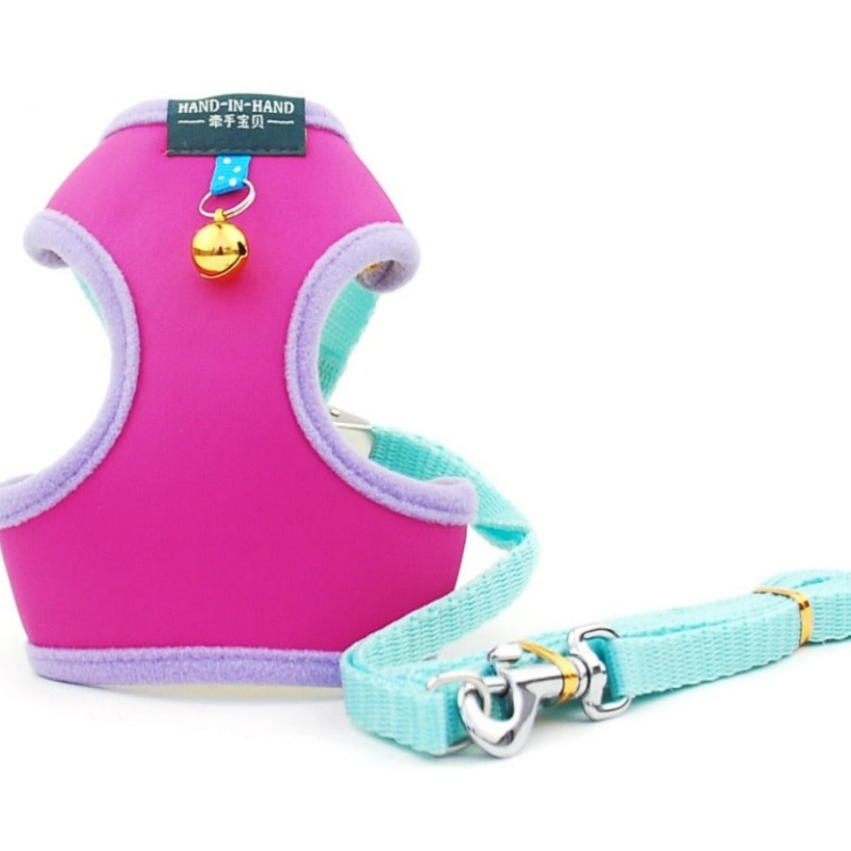 Colourful, Adjustable Harness with Lead and Bell attached - for Small to Medium-sized Dogs/Cats/Pets - Leather Look/4 Sizes/Dark Pink-Pale Blue