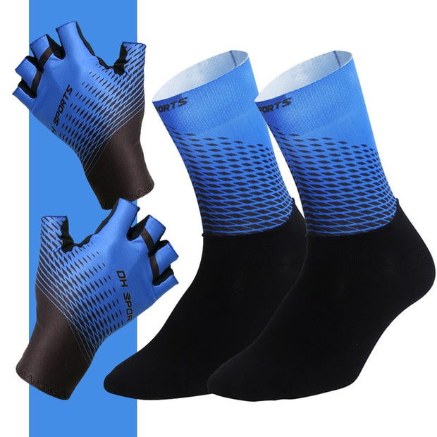 Sports Bicycle Set - 1Pair Half /Full Finger Cycling Gloves plus 1Pair Cycling Socks - Unisex - Blue/Black-3 Sizes