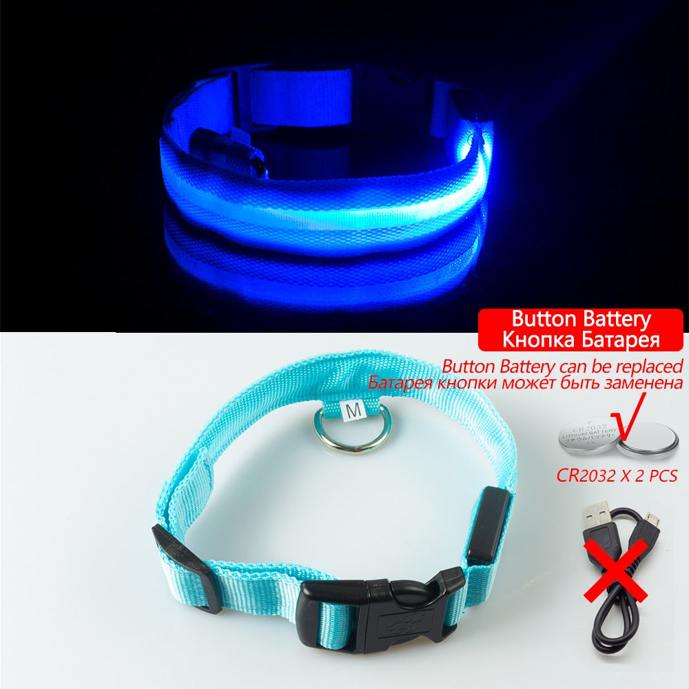LED "Anti-Lost GLOW" Dog Collar For Dogs and Puppies + Battery Replacement (2) - Blue