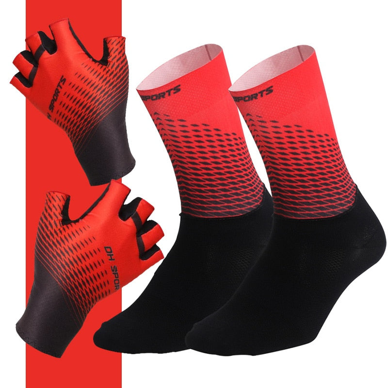 Sports Bicycle Set - 1Pair Half /Full Finger Cycling Gloves plus 1Pair Cycling Socks - Unisex - Red/Black-3 Sizes
