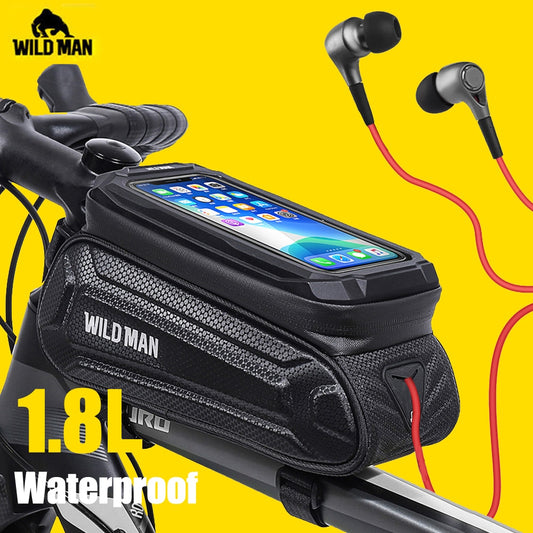 WILD MAN Bike Bag 1.8L Frame Front Tube Cycling Bag Bicycle Waterproof Phone Case Holder 7 Inches Touchscreen Bag Accessories - Vlad's Bike Bits