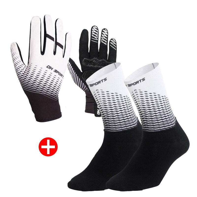 Sports Bicycle Set - 1Pair Half /Full Finger Cycling Gloves plus 1Pair Cycling Socks - Unisex - White/Black-3 Sizes
