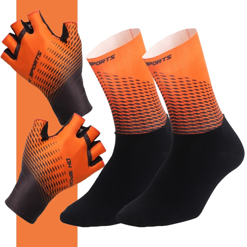 Sports Bicycle Set - 1Pair Half /Full Finger Cycling Gloves plus 1Pair Cycling Socks - Unisex - Orange/Black-3 Sizes