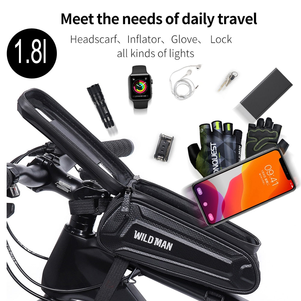 WILD MAN Bike Bag 1.8L Frame Front Tube Cycling Bag Bicycle Waterproof Phone Case Holder 7 Inches Touchscreen Bag Accessories - Vlad's Bike Bits