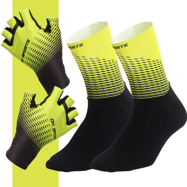 Sports Bicycle Set - 1Pair Half /Full Finger Cycling Gloves plus 1Pair Cycling Socks - Unisex - Yellow/Black-3 Sizes