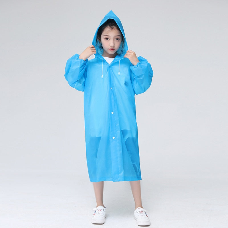 Waterproof Re-Useable Raincoat For Kids and Adults - Transparent Coloured Rainwear - Blue Kids Gathered Cuffs