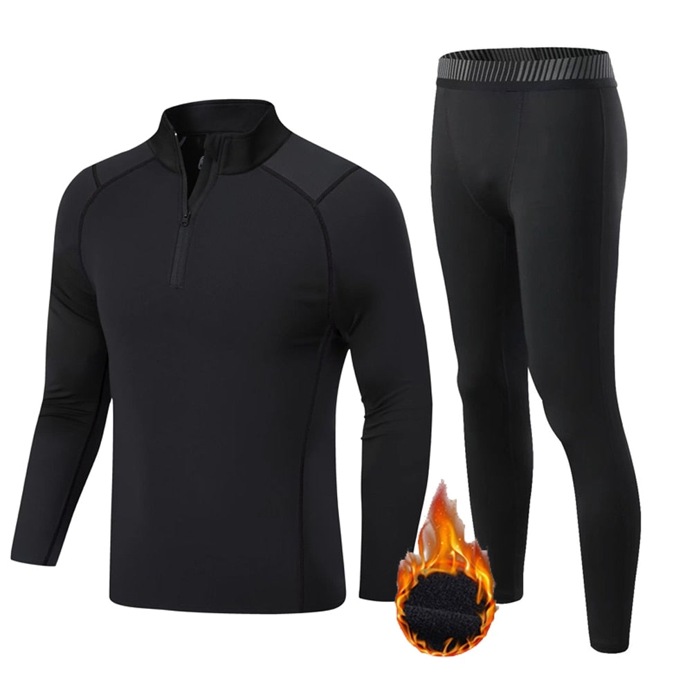 Winter Thermal Sports Base Layer - Men's Fitness Clothing, Long Shirt+Leggings, Warm Compression Sportswear - Black/Front Zipper