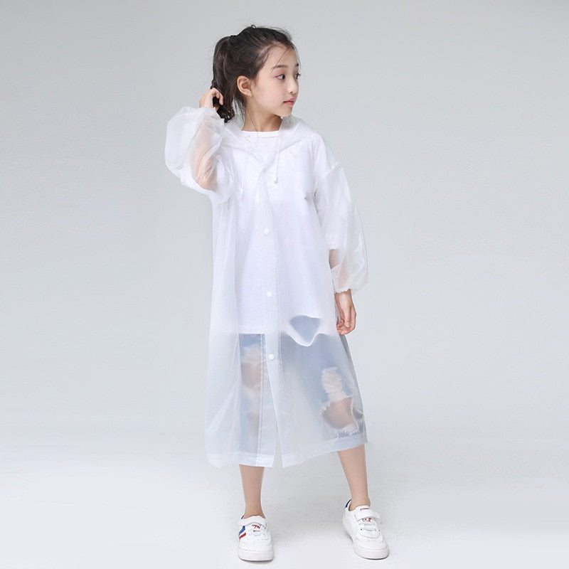 Waterproof Re-Useable Raincoat For Kids and Adults - Transparent Coloured Rainwear - White Kids Gathered Cuffs