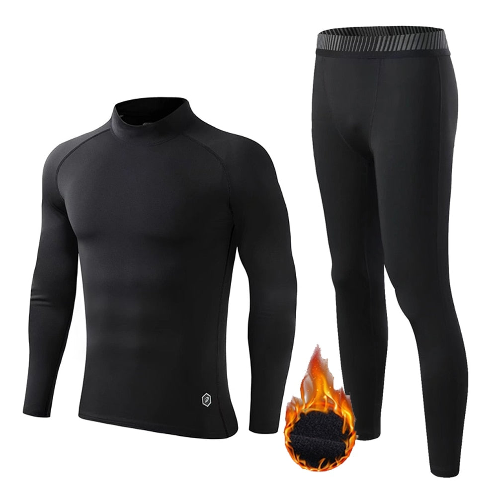 Winter Thermal Sports Base Layer - Men's Fitness Clothing, Long Shirt+Leggings, Warm Compression Sportswear - Black/High Neckline/Logo