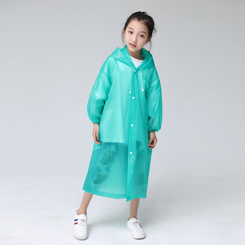 Waterproof Re-Useable Raincoat For Kids and Adults - Transparent Coloured Rainwear - Green Kids Gathered Cuffs