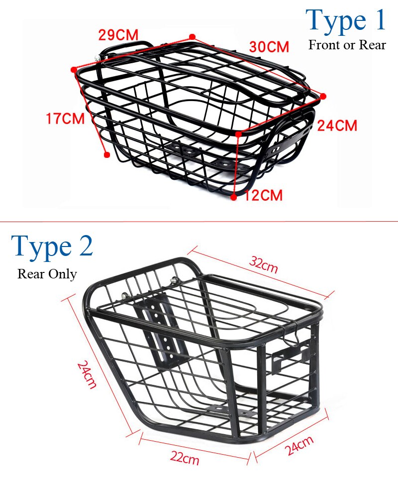 Types 1+2 - Rear (+Front) Bike Storage Basket - Sturdy Black Steel Frame with Secure Lid - Ideal Pet Container - Measurements