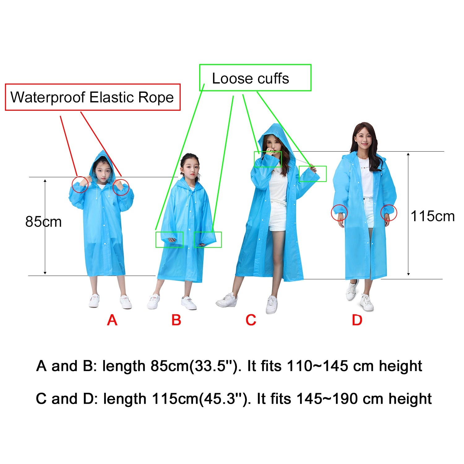 Waterproof Re-Useable Raincoat For Kids and Adults - Transparent Coloured Rainwear - Sizes Information