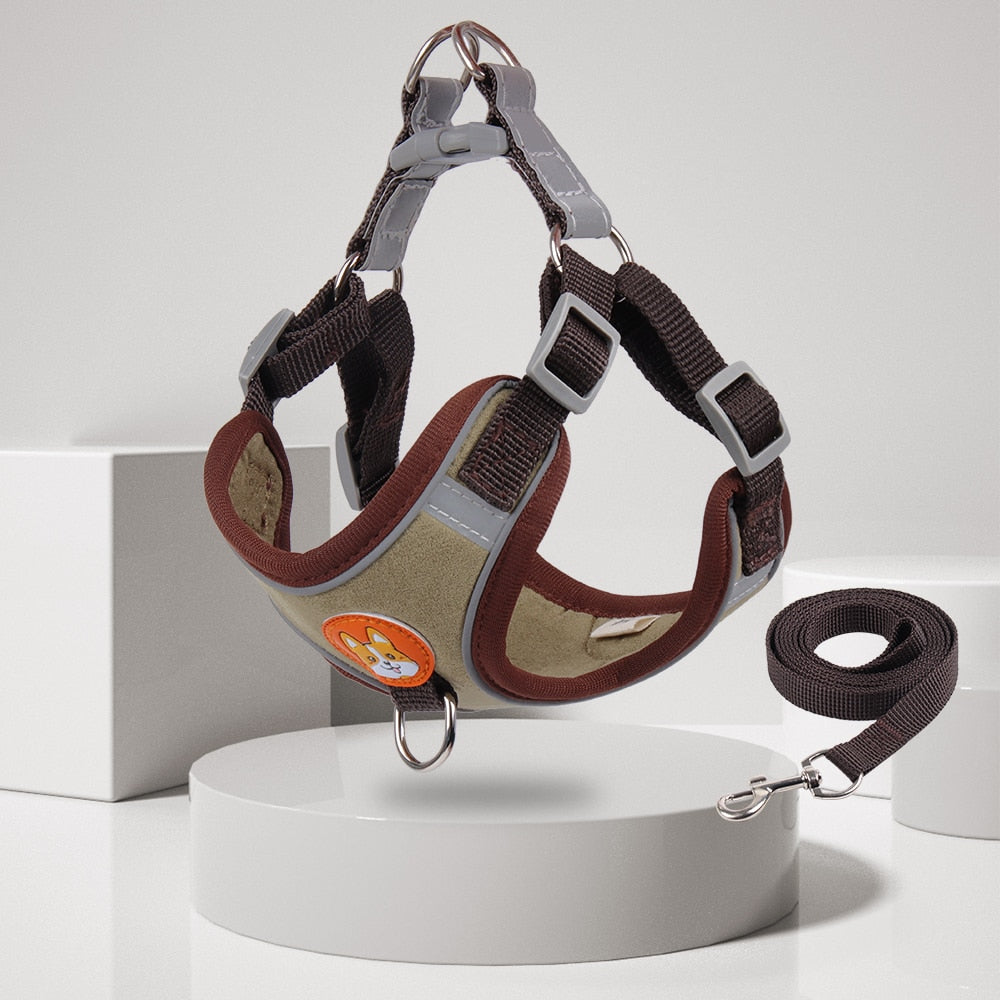 Dog Harness + Leash Set - Reflective/Adjustable Outdoors Harness for Small/Medium Dog - 4 Sizes/Brown