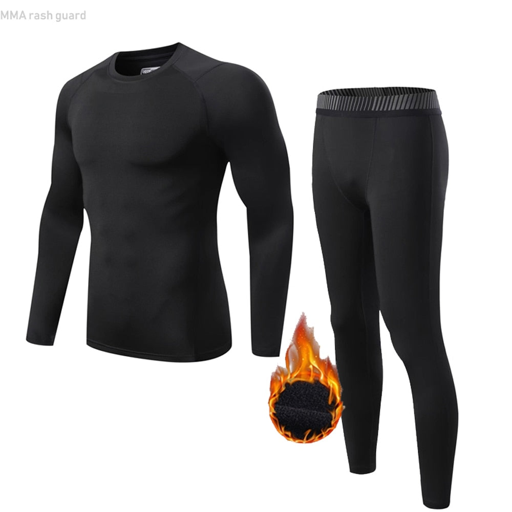 Winter Thermal Sports Base Layer - Men's Fitness Clothing, Long Shirt+Leggings, Warm Compression Sportswear - Black/Round Neckline