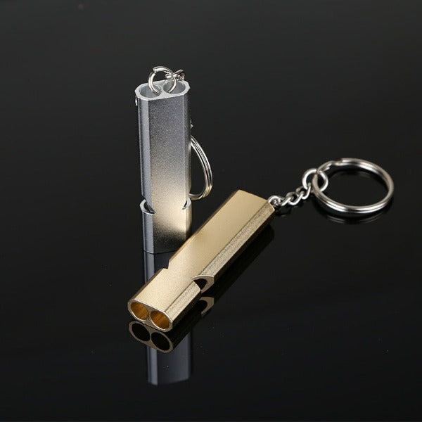 Dual-tube Loud Cycling Safety/Awareness Whistle - Gold/Silver with Keychain