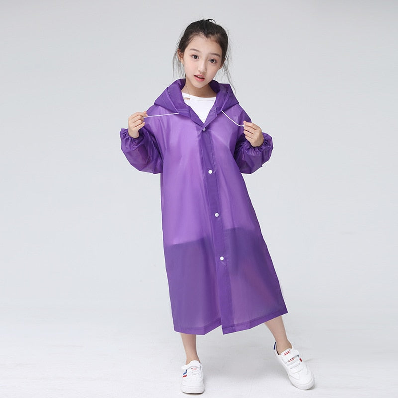 Waterproof Re-Useable Raincoat For Kids and Adults - Transparent Coloured Rainwear - Purple Kids Gathered Cuffs