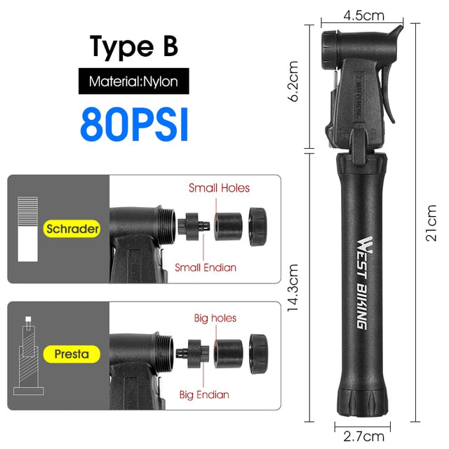 WEST BIKING Mini Portable Bike Pump - Essential Bicycle Accessories - Type B/Black