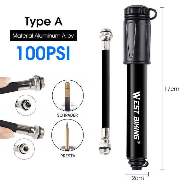 WEST BIKING Mini Portable Bike Pump - Essential Bicycle Accessories - Type A/Black