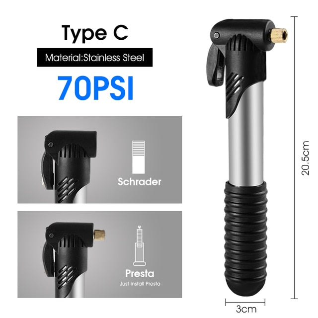 WEST BIKING Mini Portable Bike Pump - Essential Bicycle Accessories - Type C/Silver/Black